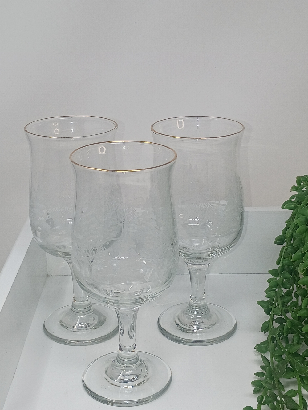 Vintage Libbey Winter Wonderland Wine Glasses with Gold Rim - Set of 3
